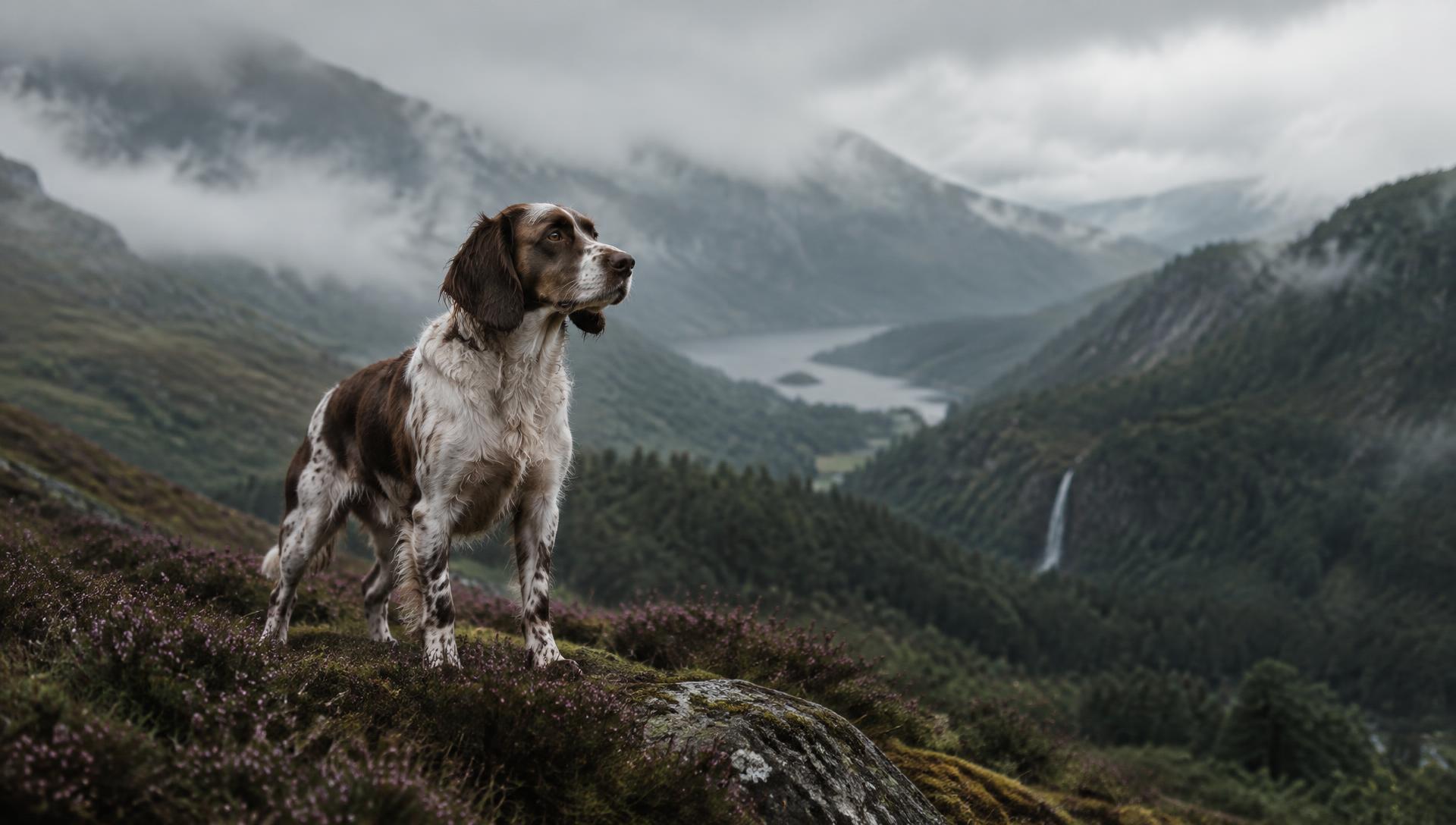 Spaniel standing on a heather-covered mountain ridge